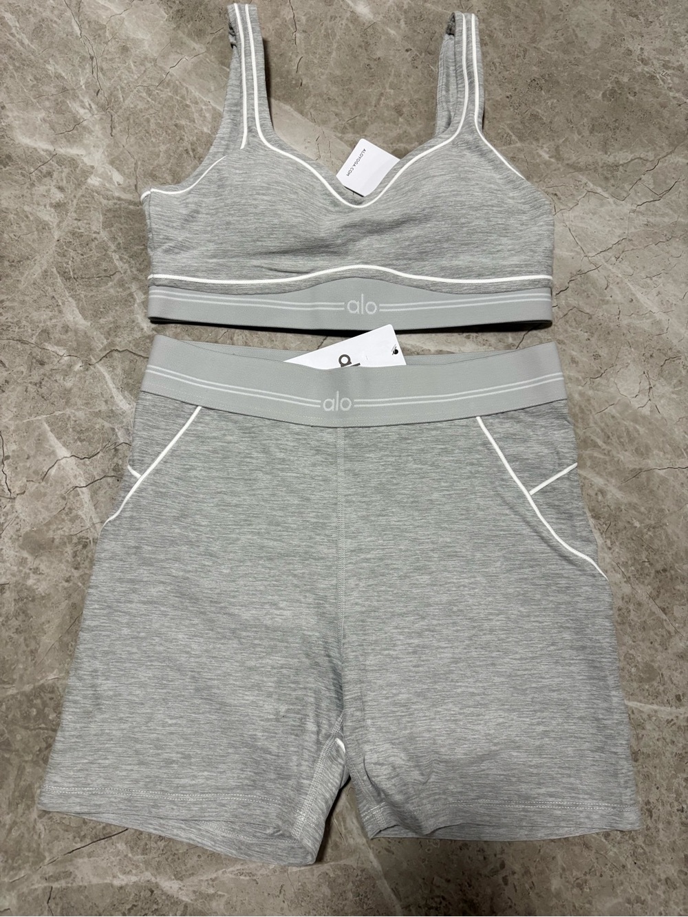 ALO Yoga Heather Gray Sports Bra & Shorts Set - Light Gray with White Piping